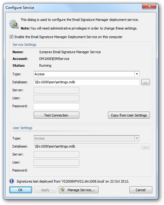 Configure Service Dialog