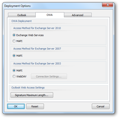 Deployment Options - OWA Tab