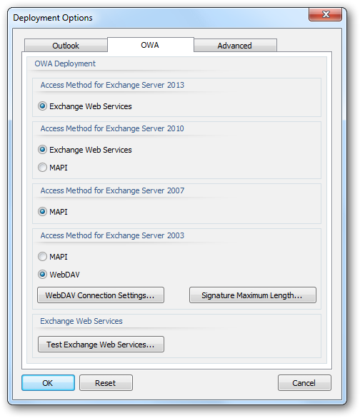 Deployment Options - OWA Tab