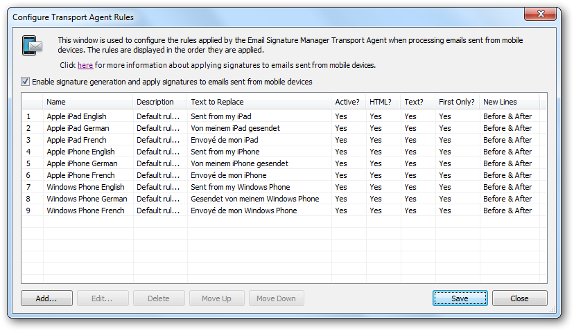 Transport Agent Rules Dialog