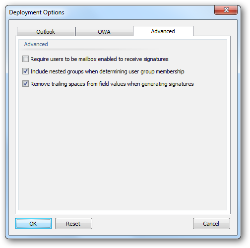 Deployment Options - Advanced Tab