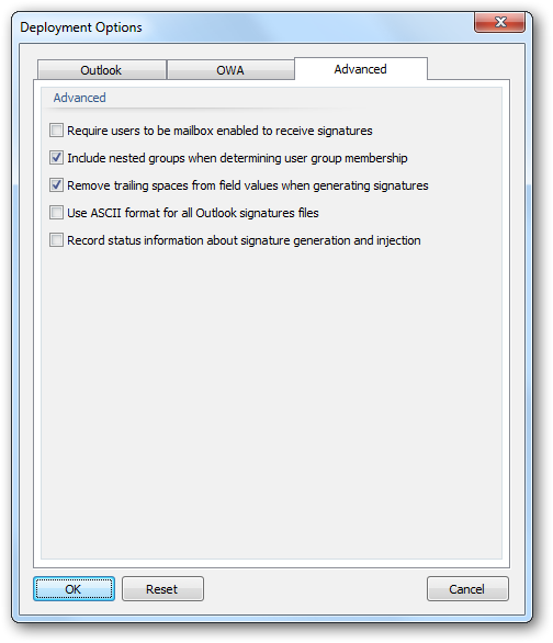 Deployment Options - Advanced Tab