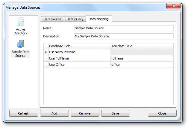 Manage Data Sources Dialog - Data Mapping