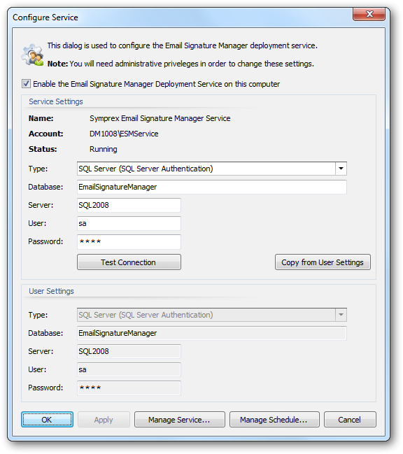 Configure Service Dialog