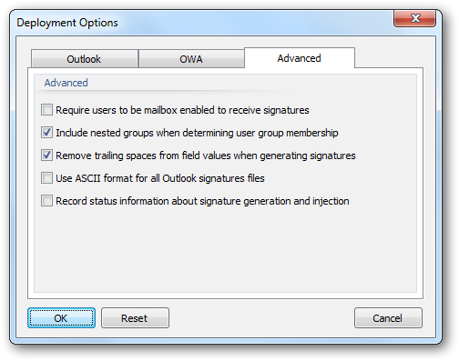 Deployment Options - Advanced Tab