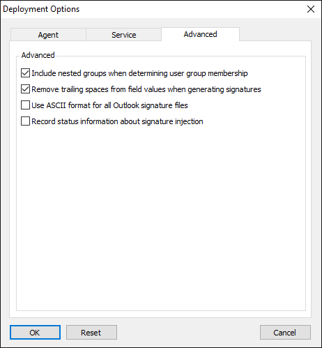 Deployment Options - Advanced Tab