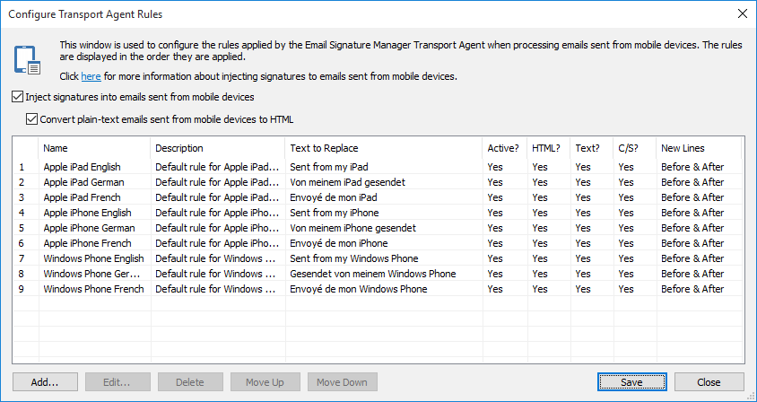 Transport Agent Rules Dialog