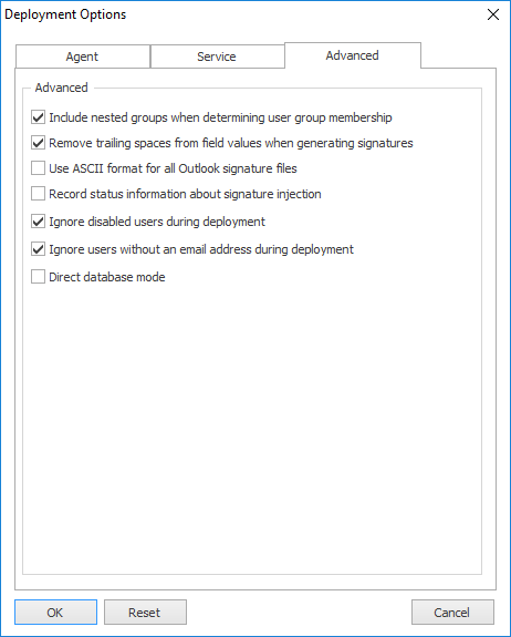 Deployment Options - Advanced Tab