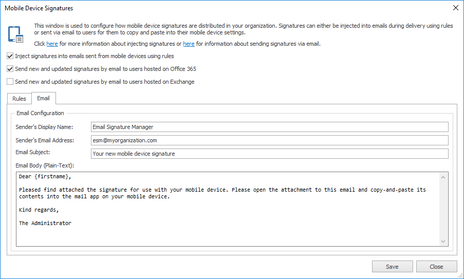 Mobile Device Signatures Dialog - Email Tab