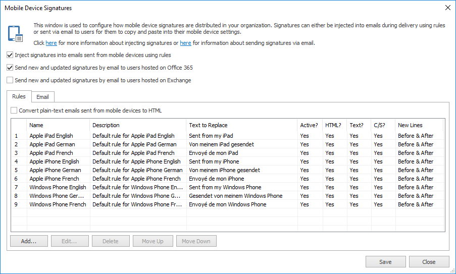 Mobile Device Signatures Dialog - Rules Tab