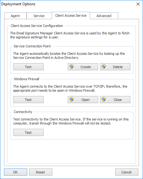 Deployment Options - Client Access Service Tab