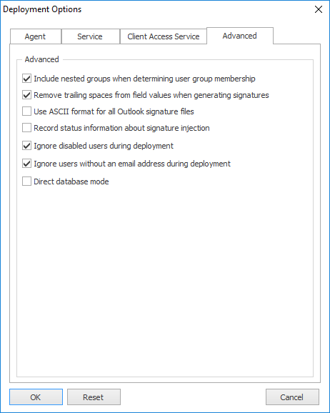 Deployment Options - Advanced Tab