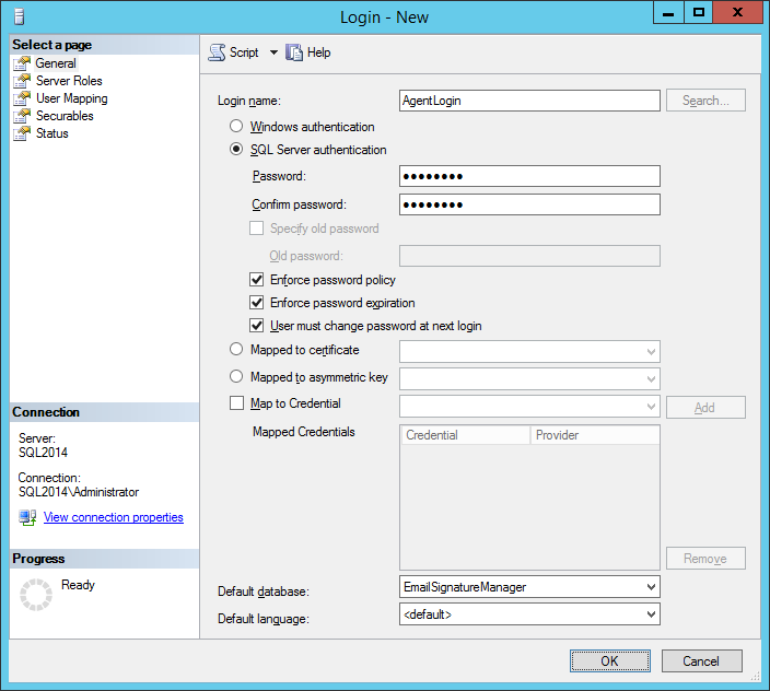 Agent SQL Login - General Page