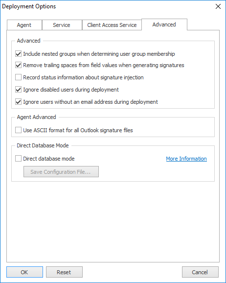 Deployment Options - Advanced Tab