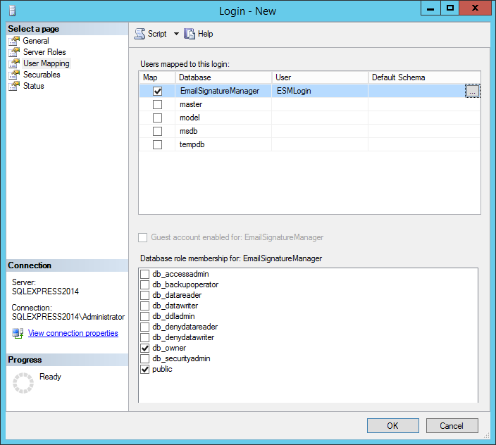 SQL Login - User Mapping Page