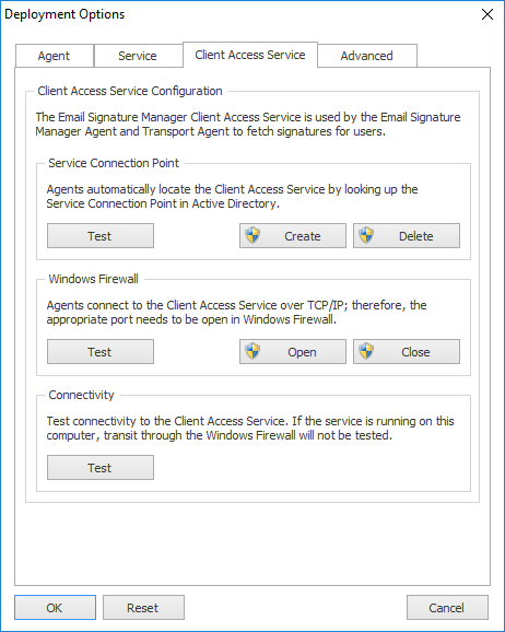 Deployment Options - Client Access Service Tab
