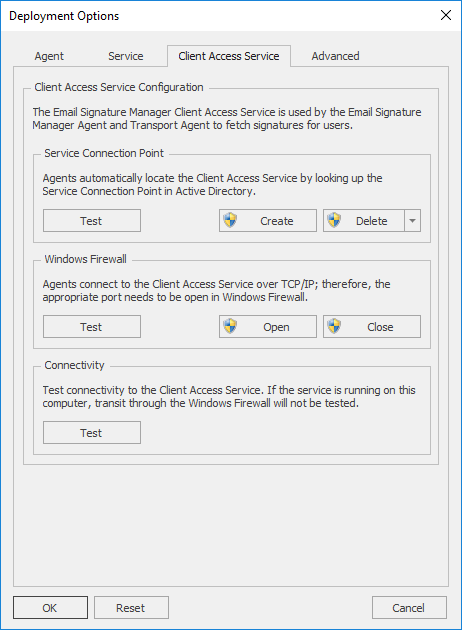 Deployment Options - Client Access Service Tab