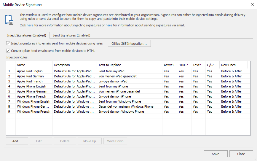 Mobile Device Signatures Dialog - Inject Signatures Tab