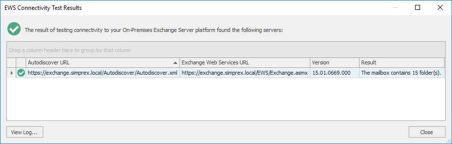 EWS Connectivity Test Results Dialog