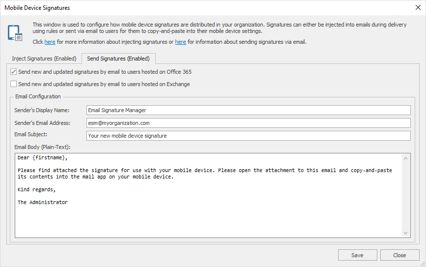 Mobile Device Signatures Dialog - Send Signatures Tab