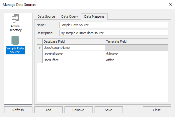 Manage Data Sources Dialog - Data Mapping