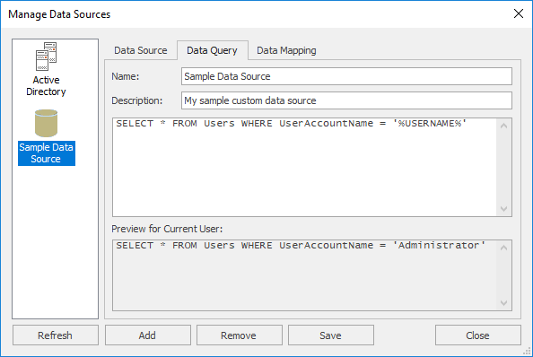 Manage Data Sources Dialog - Data Query