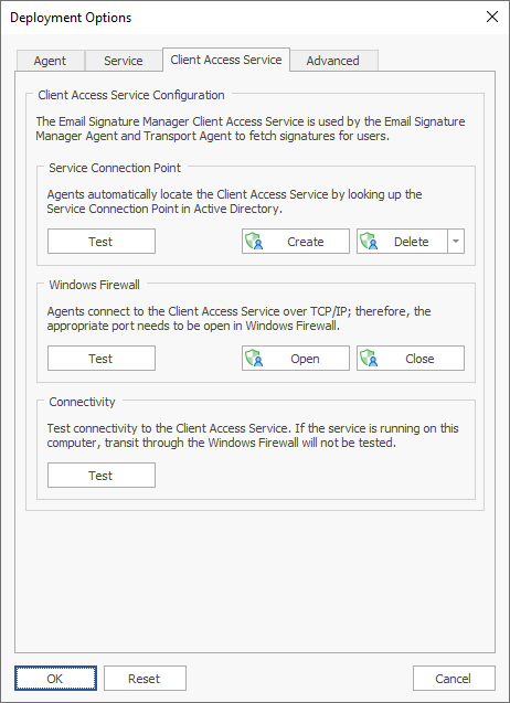 Deployment Options - Client Access Service Tab