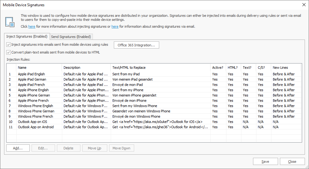 Mobile Device Signatures Dialog - Inject Signatures Tab