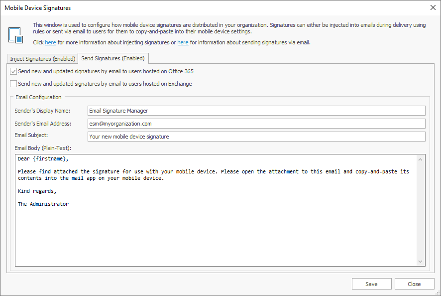 Mobile Device Signatures Dialog - Send Signatures Tab