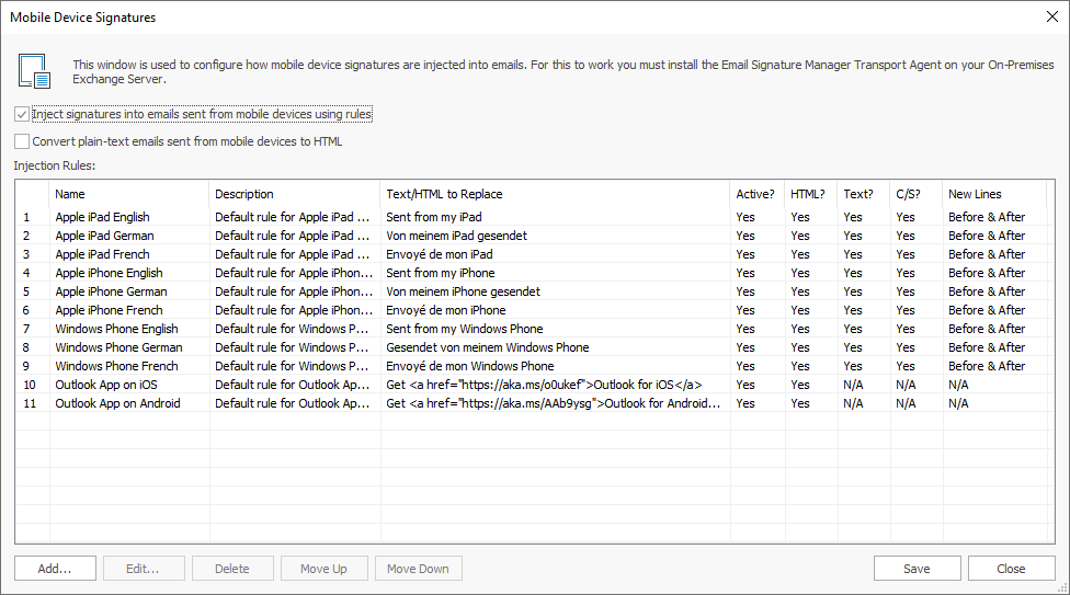 Mobile Device Signatures Dialog