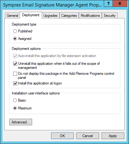 GPO - Edit Package - Deployment Tab (User)
