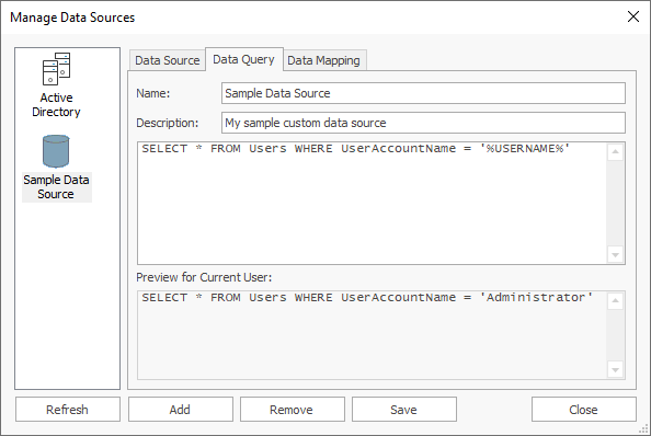 Manage Data Sources Dialog - Data Query