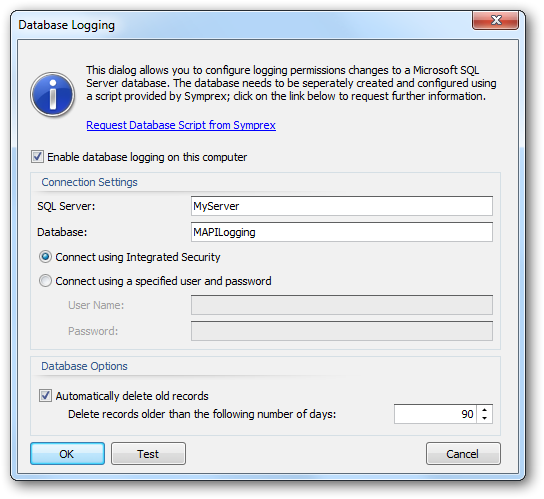 Database Logging Dialog