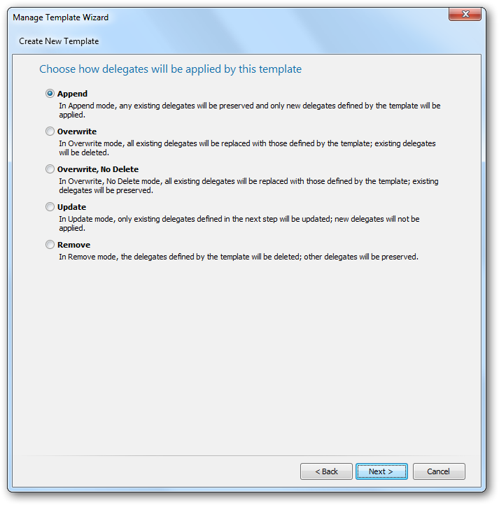 Manage Template Wizard - Delegates Mode Page