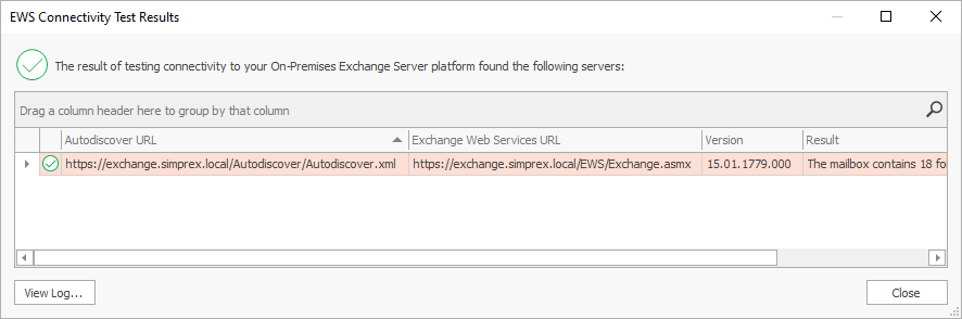 EWS Connectivity Test Results Dialog