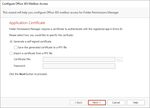 Office 365 Mailbox Access Wizard - Application Certificate