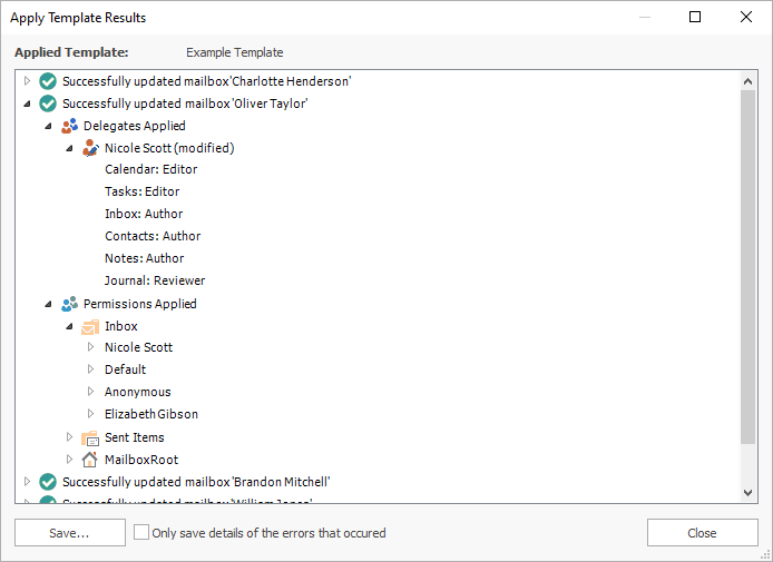 Apply Template Results Dialog