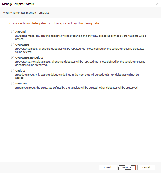Manage Template Wizard - Delegates Mode Page