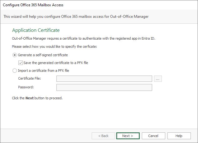 Office 365 Mailbox Access Wizard - Application Certificate