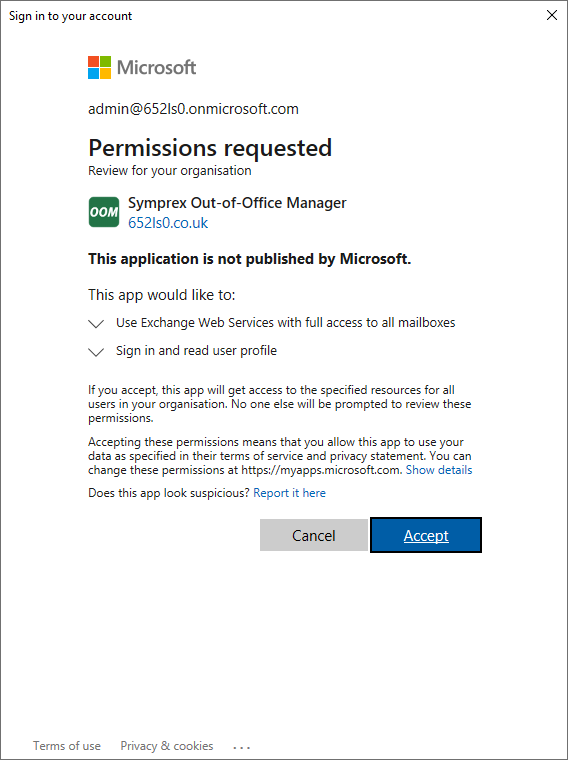 Office 365 Mailbox Access Wizard - Grant App Permissions